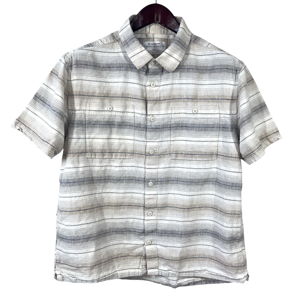 REI Co-op Hemp Blend Shirt Men L Beige Stripes Button Up‎ Casual Short Sleeve